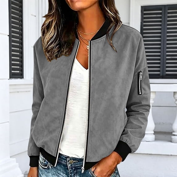 Women Faux Suede Jacket Zip up Stand Collar Ribbed Cuffs Relaxed Cropped Casual Outerwear Coat with Side Zipper Arm Pockets Gray Woman Spring Fall Jacket L