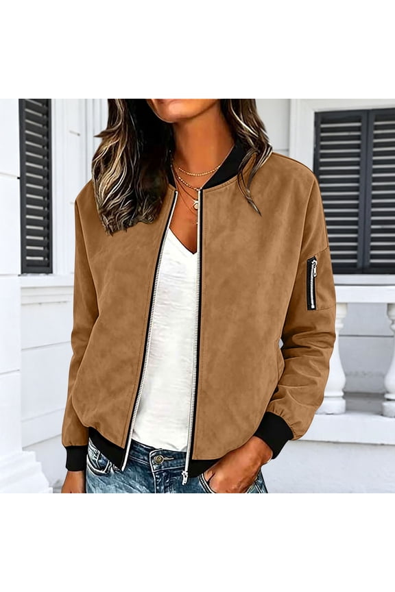 Women Faux Suede Jacket Zip up Stand Collar Ribbed Cuffs Relaxed Cropped Casual Outerwear Coat with Side Zipper Arm Pockets Brown S