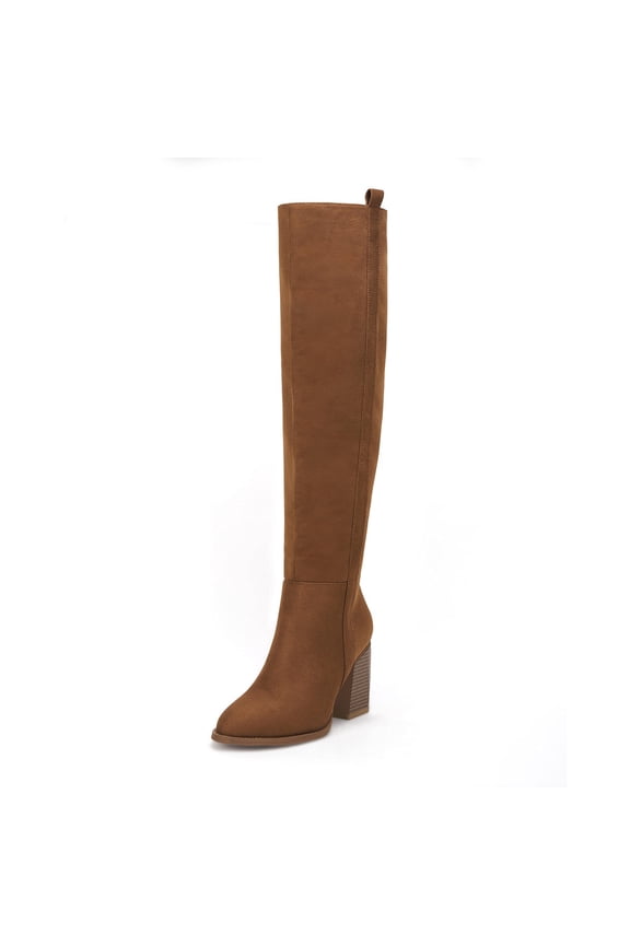 Women Faux Suede Knee High Side Zipper Chunky Heel Stretch Winter Boots