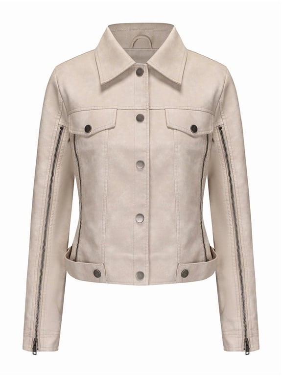 Women Faux Suede Leather Jacket & Coat Button Down Short Moto Jackets Crop Collared Motorcycle Jacket Cream White L