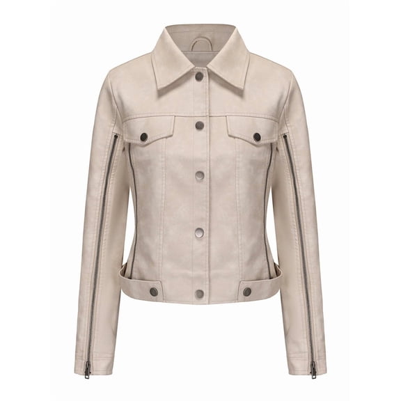 Women Faux Suede Leather Jacket & Coat Button Down Short Moto Jackets Crop Collared Motorcycle Jacket Cream White M