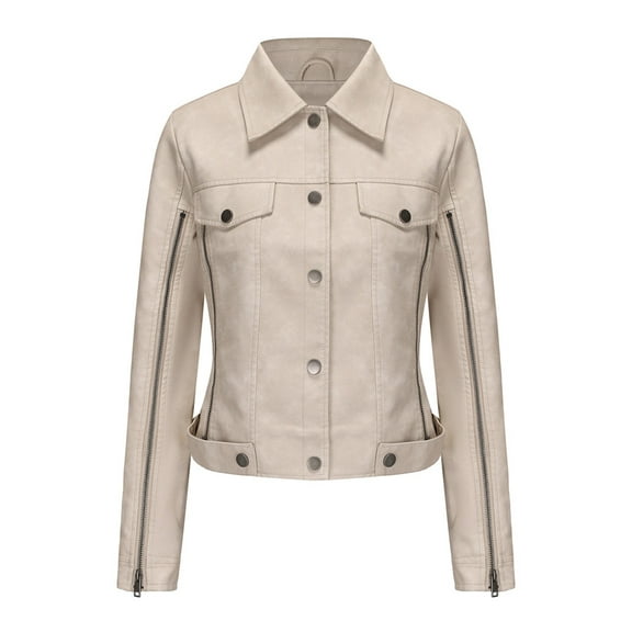 Women Faux Suede Leather Jacket & Coat Button Down Short Moto Jackets Crop Collared Motorcycle Jacket Cream White XL