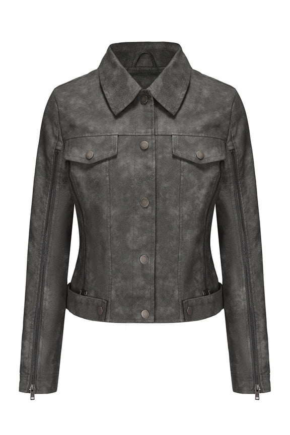 Women Faux Suede Leather Jacket & Coat Button Down Short Moto Jackets Crop Collared Motorcycle Jacket Gray L