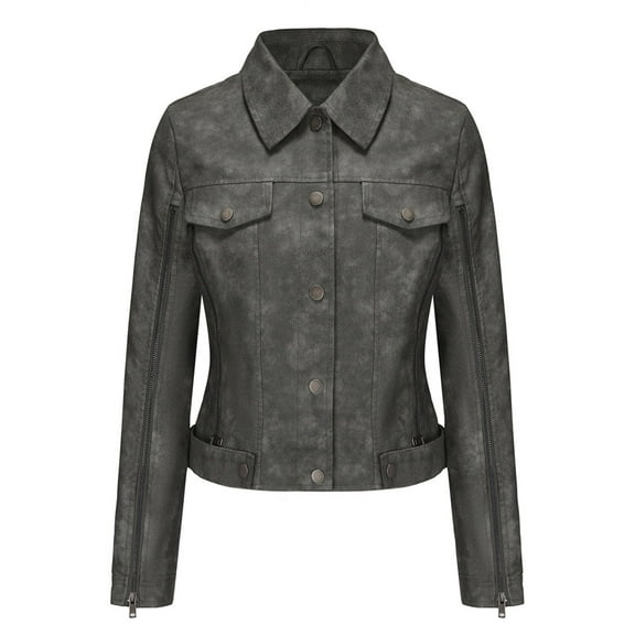 Women Faux Suede Leather Jacket & Coat Button Down Short Moto Jackets Crop Collared Motorcycle Jacket Gray L