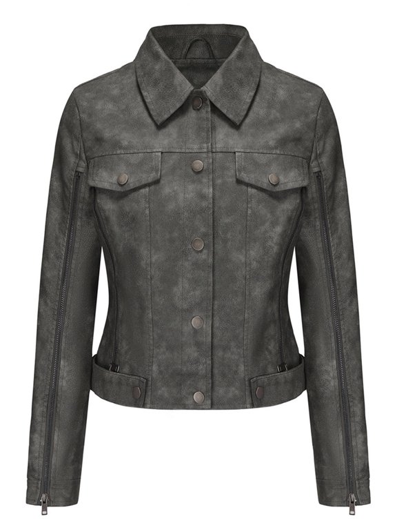 Women Faux Suede Leather Jacket & Coat Button Down Short Moto Jackets Crop Collared Motorcycle Jacket Gray L