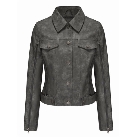 Women Faux Suede Leather Jacket & Coat Button Down Short Moto Jackets Crop Collared Motorcycle Jacket Gray L
