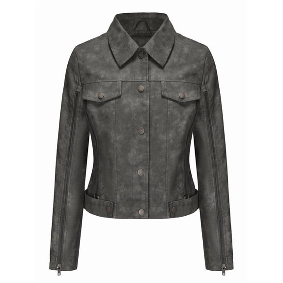 Women Faux Suede Leather Jacket & Coat Button Down Short Moto Jackets Crop Collared Motorcycle Jacket Gray L