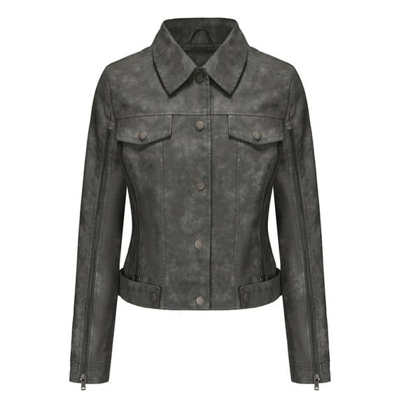 Women Faux Suede Leather Jacket & Coat Button Down Short Moto Jackets Crop Collared Motorcycle Jacket Gray XL