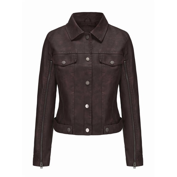 Women Faux Suede Leather Jacket & Coat Button Down Short Moto Jackets Crop Collared Motorcycle Jacket Reddish-Brown M