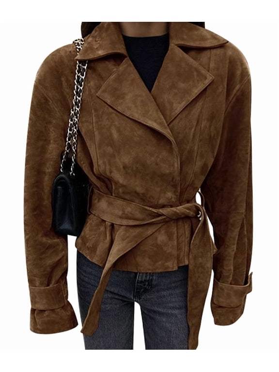 Women Faux Suede Leather Jacket Vintage Casual Cropped Wrap Coat with Belt Brown M