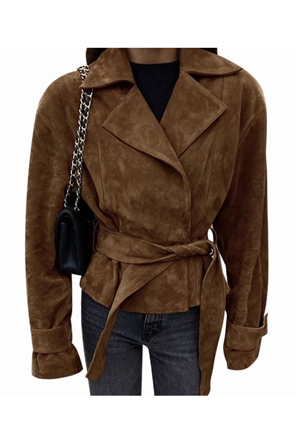 Women Faux Suede Leather Jacket Vintage Casual Cropped Wrap Coat with Belt Brown M