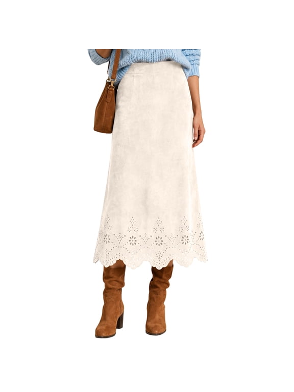 Women Faux Suede Midi Skirt High Waist Scalloped Hem Eyelet Wrap Long Skirt