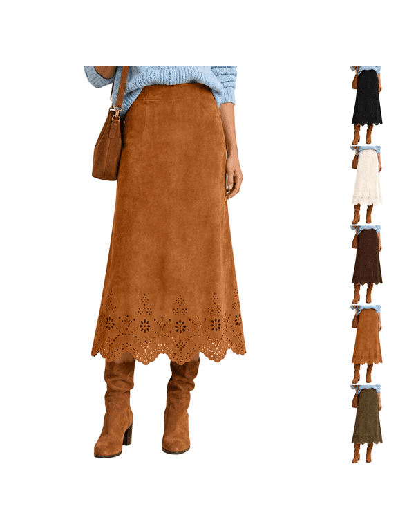 Women Faux Suede Midi Skirt High Waist Scalloped Hem Eyelet Wrap Long Skirt