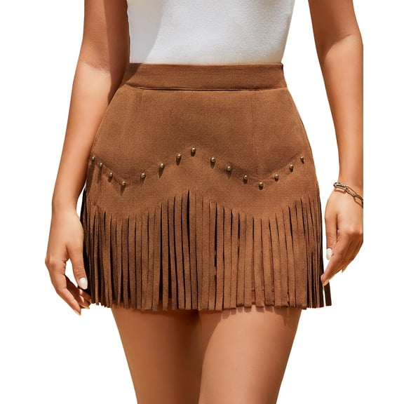 Women Faux Suede Mini Skirt High Waist Western Fringe Skirts