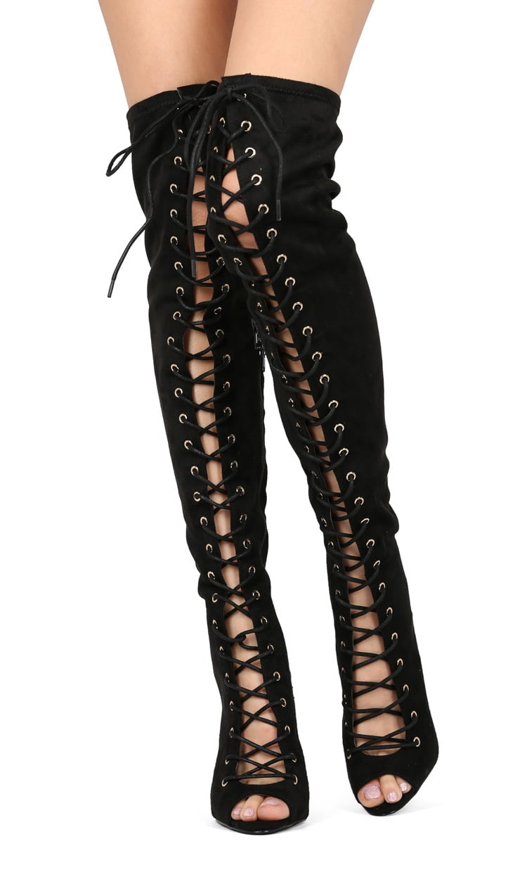 Lace up over the knee heels best sale