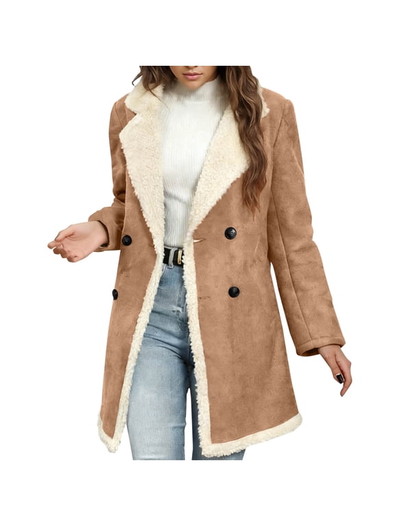 Women Faux Suede Sherpa Fleece Jackets Long Sleeve Lapel Button Down Teddy Coat Lightweight Fuzzy Fall Winter Outwear with Pocket