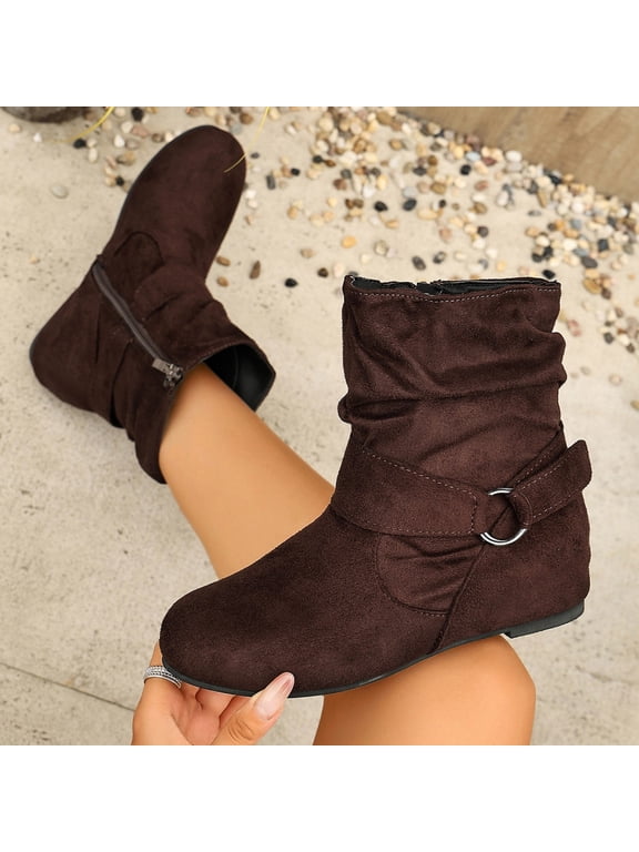 Women Faux Suede Slouch Ankle Boots Round Toe Side Zipper Buckle Strap Flat Booties Brown 5.5