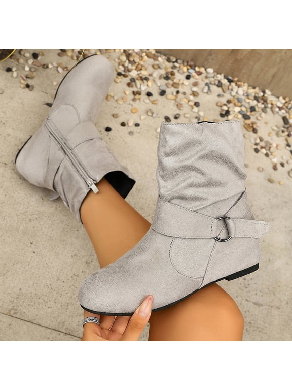 Women Faux Suede Slouch Ankle Boots Round Toe Side Zipper Buckle Strap Flat Booties Gray 9
