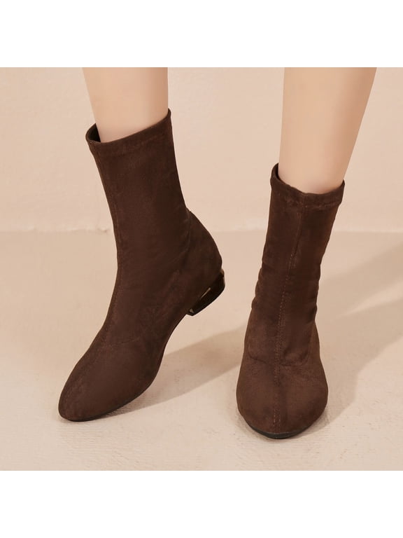 Women Faux Suede Stretch Ankle Boots Pointed Toe Low Block Heel Pull On Dress Booties Brown 7.5