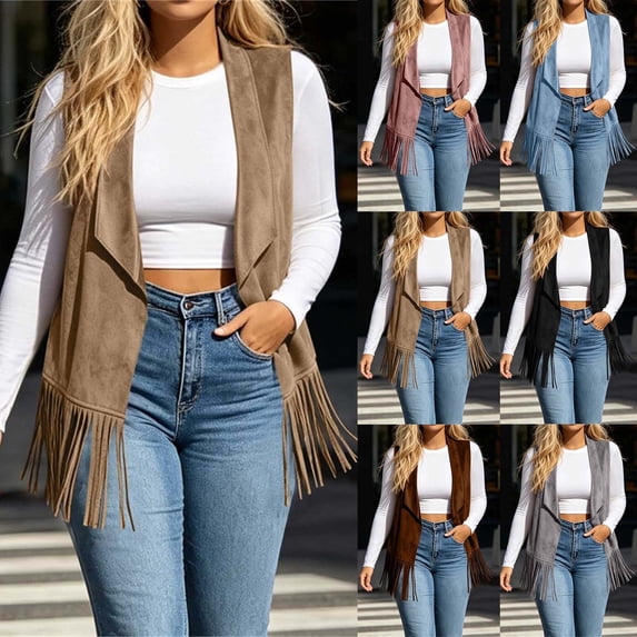 Women Faux Suede Tassel Vest Hippie Costume Sleeveless Fringe Waistcoat Open Front Boho Western Outerwear Khaki-Faux Suede XL(XL)