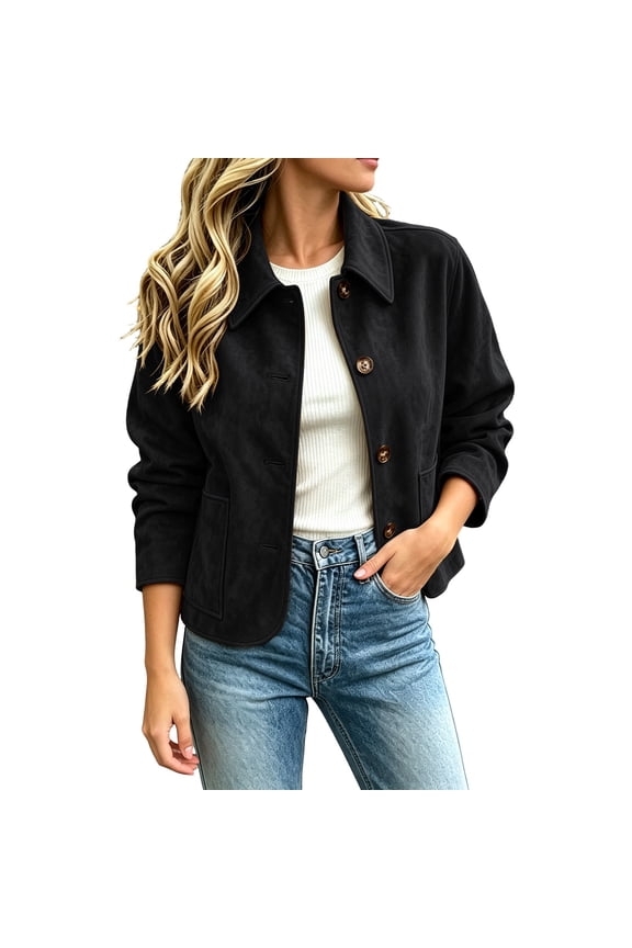 Women Faux Suede Turn‑down Lapel Button up Cropped Jacket Long Sleeve Side Pocket Vintage Casual Short Outer Coat