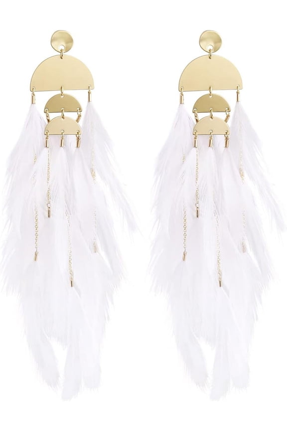Women Feather Earrings Long Tassel Bohemian Jewelry Wedding Accessories Pure white