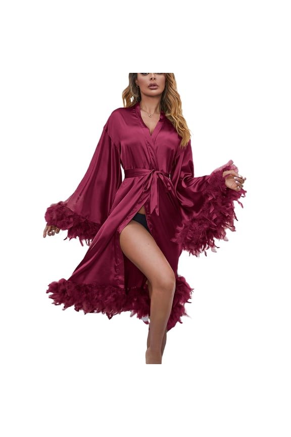Women Feather Fur Robe Nightgown Bathrobe Sleepwear Satin Bridal Dressing Gown
