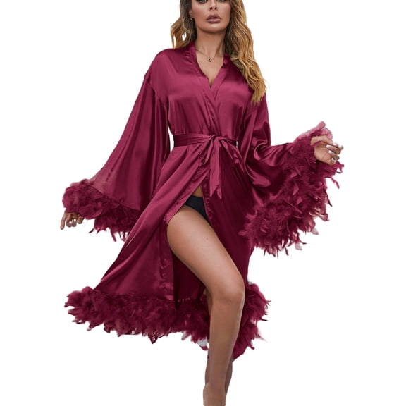 Women Feather Fur Robe Nightgown Bathrobe Sleepwear Satin Bridal Dressing Gown