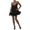 thumbnail image 1 of Women Feather Hem Sleeveless Dress Spaghetti Strap Bodycon Mini Dress Cocktail Party Clubwear, 1 of 6