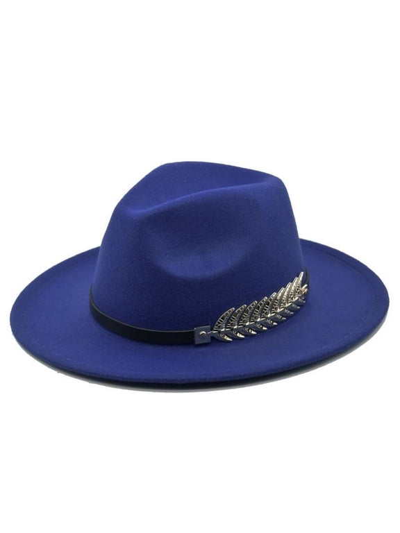 Women Fedora Wide Brim Felt Panama Hat with Metal Belt Buckle
