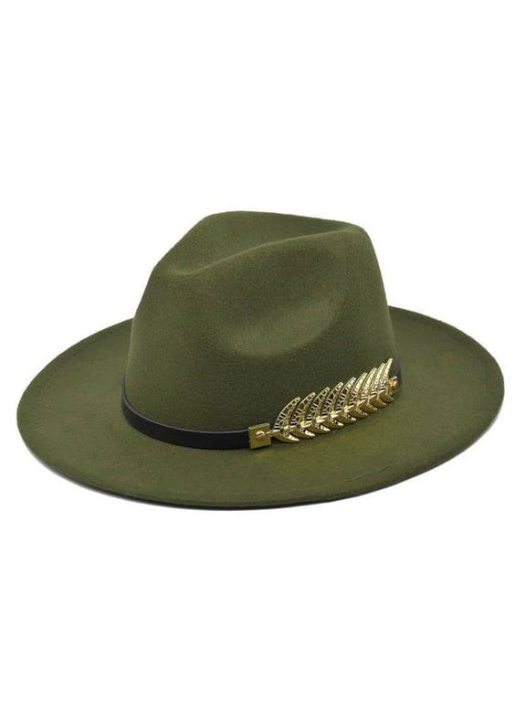 Women Fedora Wide Brim Felt Panama Hat with Metal Belt Buckle