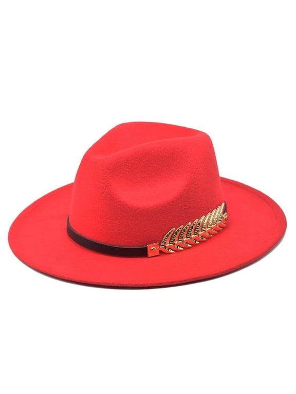 Women Fedora Wide Brim Felt Panama Hat with Metal Belt Buckle