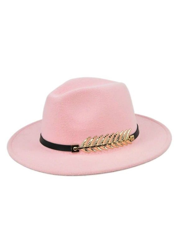 Women Fedora Wide Brim Felt Panama Hat with Metal Belt Buckle