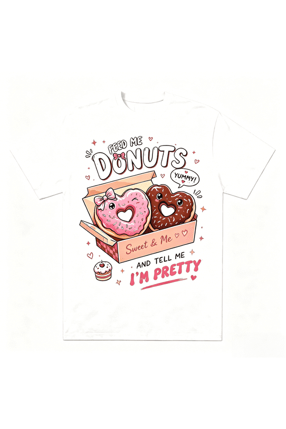 Women Feed Me Donuts And Tell Me I'm Pretty Graphic Crew Neck T-Shirt, Cute Heart Donut Box Mini Cake Funny Sweet Food Casual Short Sleeve Tee