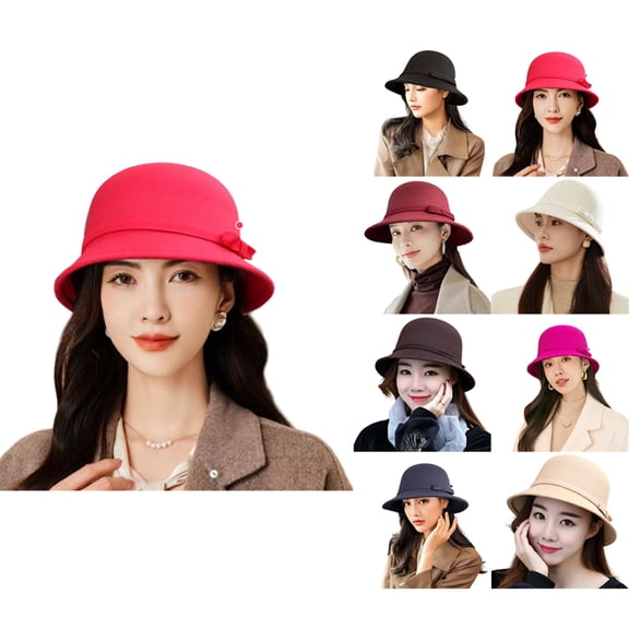 Women Felt Hat, Bucket Hat, Adjustable Vintage Bowler Suede Wool Hat with Bowknot Red One Size