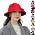 thumbnail image 1 of Women Felt Hat, Bucket Hat, Adjustable Vintage Bowler Suede Wool Hat with Bowknot Red One Size, 1 of 3
