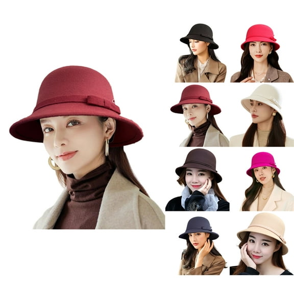 Women Felt Hat, Bucket Hat, Adjustable Vintage Bowler Suede Wool Hat with Bowknot Wine One Size