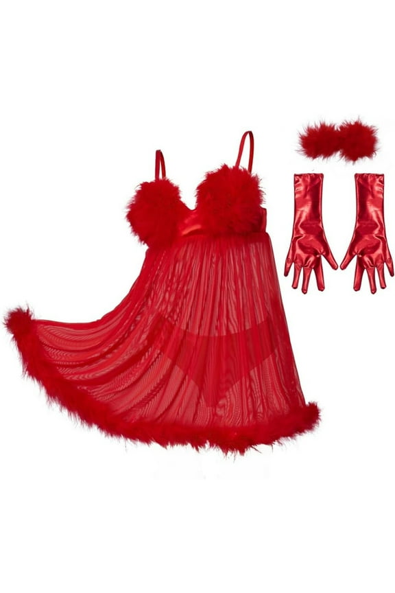 Women Fembot Costume Red Sexy Feather Lingerie Suit Suspender Dress