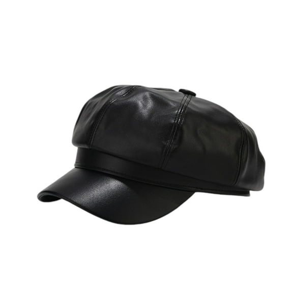 Women Fiddler Cap Newsboy Hat PU Leather Visor Beret Cap Paperboy Gatsby Hat 82# Black Free