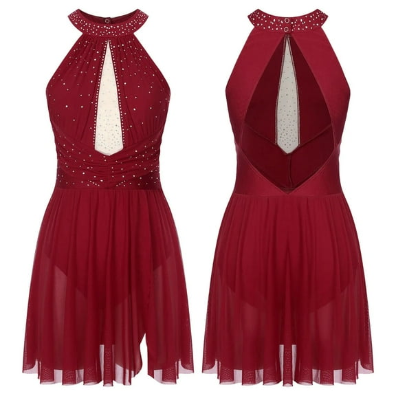 Women Figure Skating Lyrical Dance Performance Costume Glittery Rhinestones Gymnastics Leotard Ballet Dancewear