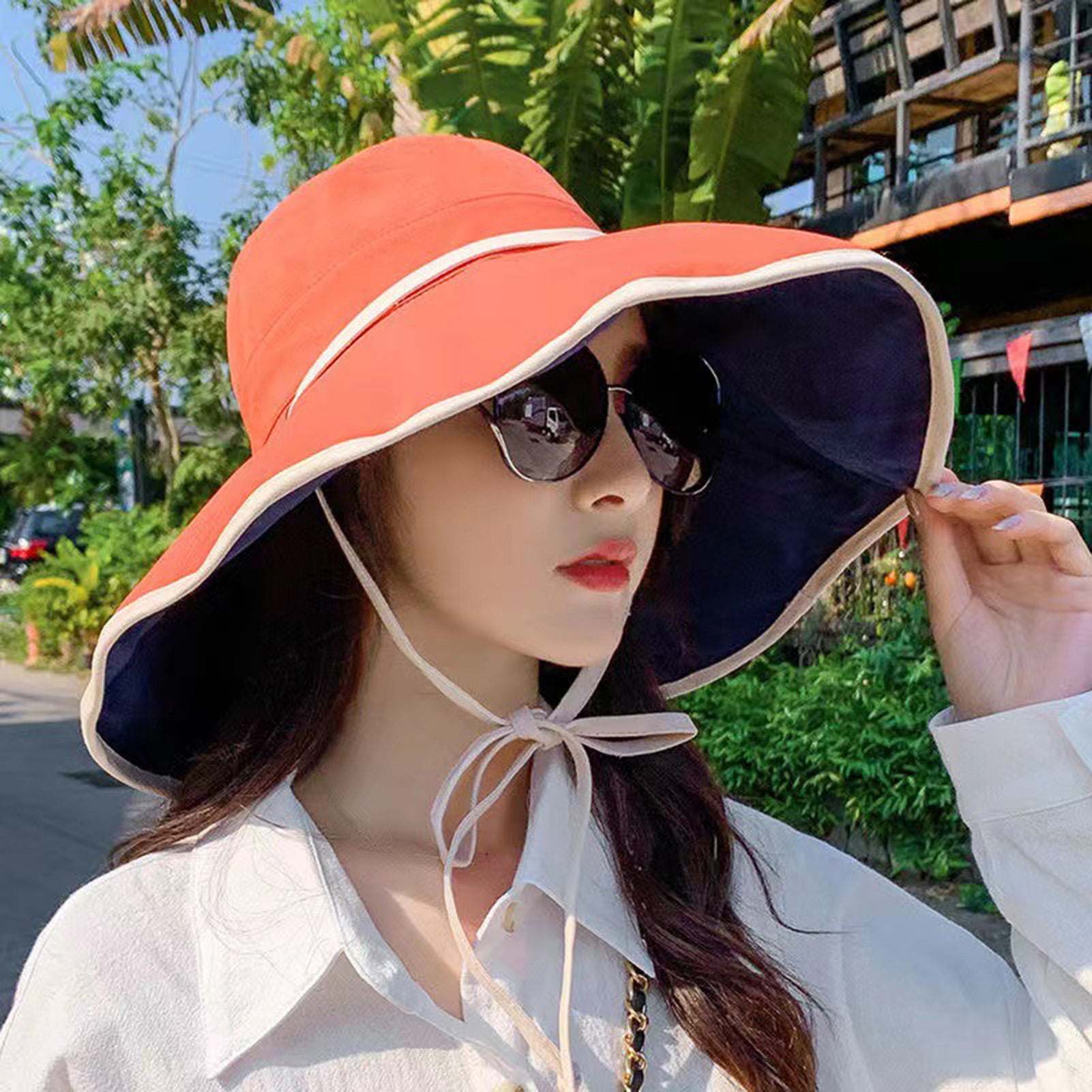 Women Fisherman Hat Sunscreen Anti-UV Adjustable Fasten String Big Brim  Bucket Hats Beach Headwear