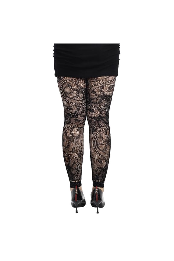 Women Fishnet Ankle Tights Floral Patterned Rhinestones Footless Pantyhose