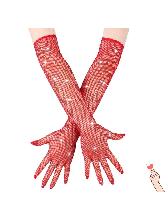 Women Fishnet Gloves, Rhinestone Sparkly Long Mesh Gloves for Cosplay, Sexy Costume Party & Dance Accessories, 1 Pair