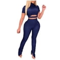 thumbnail image 1 of Women Fitted 2 Piece Outfits Short Sleeve Turtleneck Cutout Crop Top with Long Split Pants Legings Set Clubwear, 1 of 7