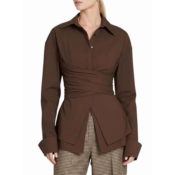 Women Fitted Button Down Shirt Cinched Waist Tops Long Sleeve Wrap Blouse Stylish Dressy Casual Outfit Brown L