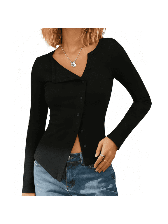 Women Fitted Button Down Tops Long Sleeve Asymmetrical Cropped Going Out Shirts Modal Fall Trendy Blouses