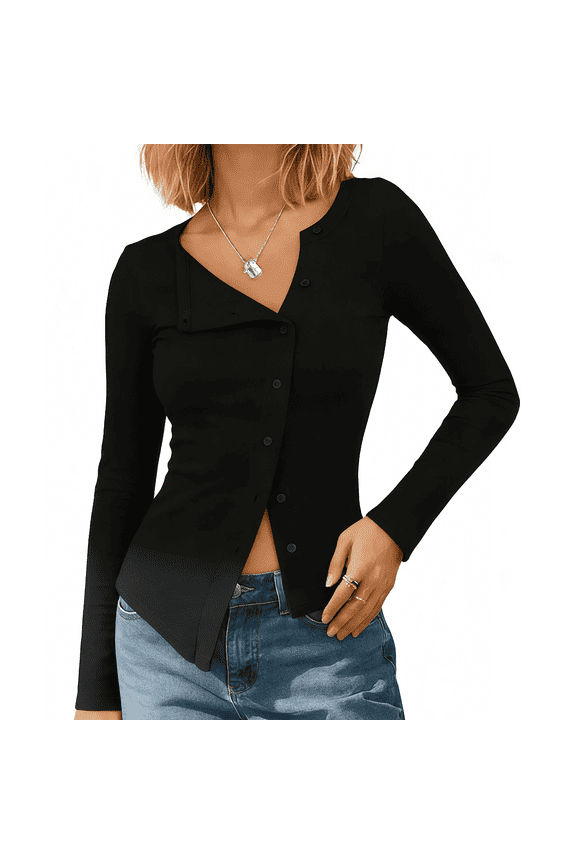 Women Fitted Button Down Tops Long Sleeve Asymmetrical Cropped Going Out Shirts Modal Fall Trendy Blouses