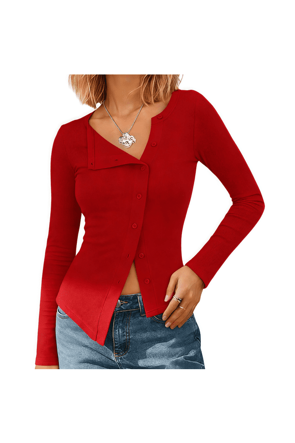Women Fitted Button Down Tops Long Sleeve Asymmetrical Cropped Going Out Shirts Modal Fall Trendy Blouses