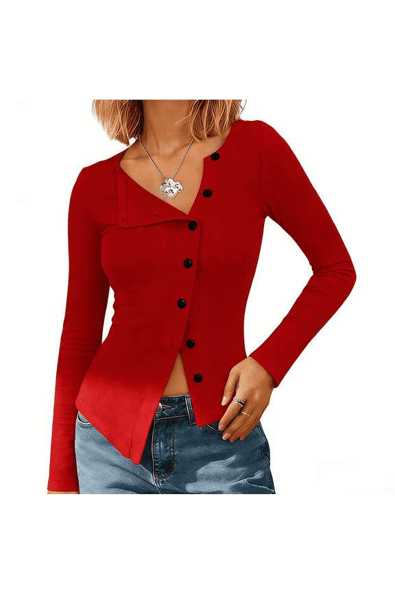 Women Fitted Button Down Tops Long Sleeve Asymmetrical Cropped Going Out Shirts Modal Fall Trendy Blouses