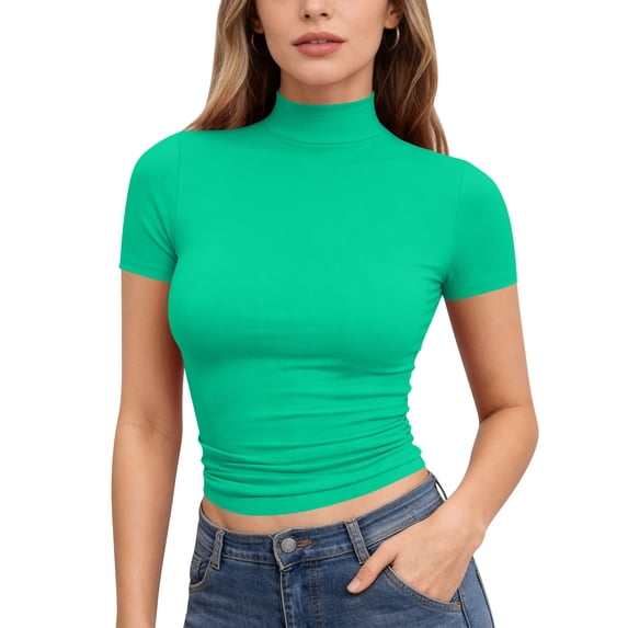 Women Fitted Short Sleeve Mock Neck T Shirt Stretchy Breathable Basic Top,XL